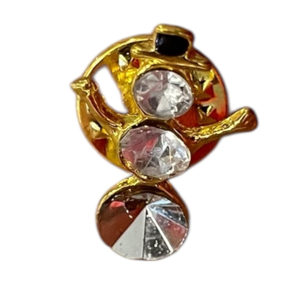 Festive Winter Snowman Pin Gold Tone Cut Glass Body Christmas Holiday Enamel Hat